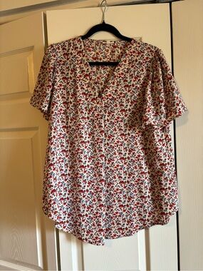 Women's Floral V-Neck Short Sleeve Blouse